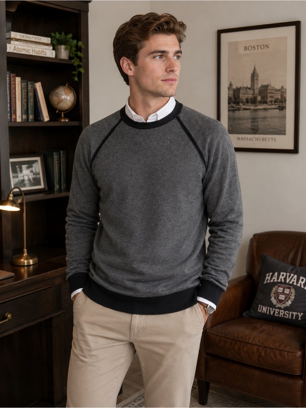Banana Republic Pima Cotton Cashmere Sweater Men Large Charcoal Preppy Academia